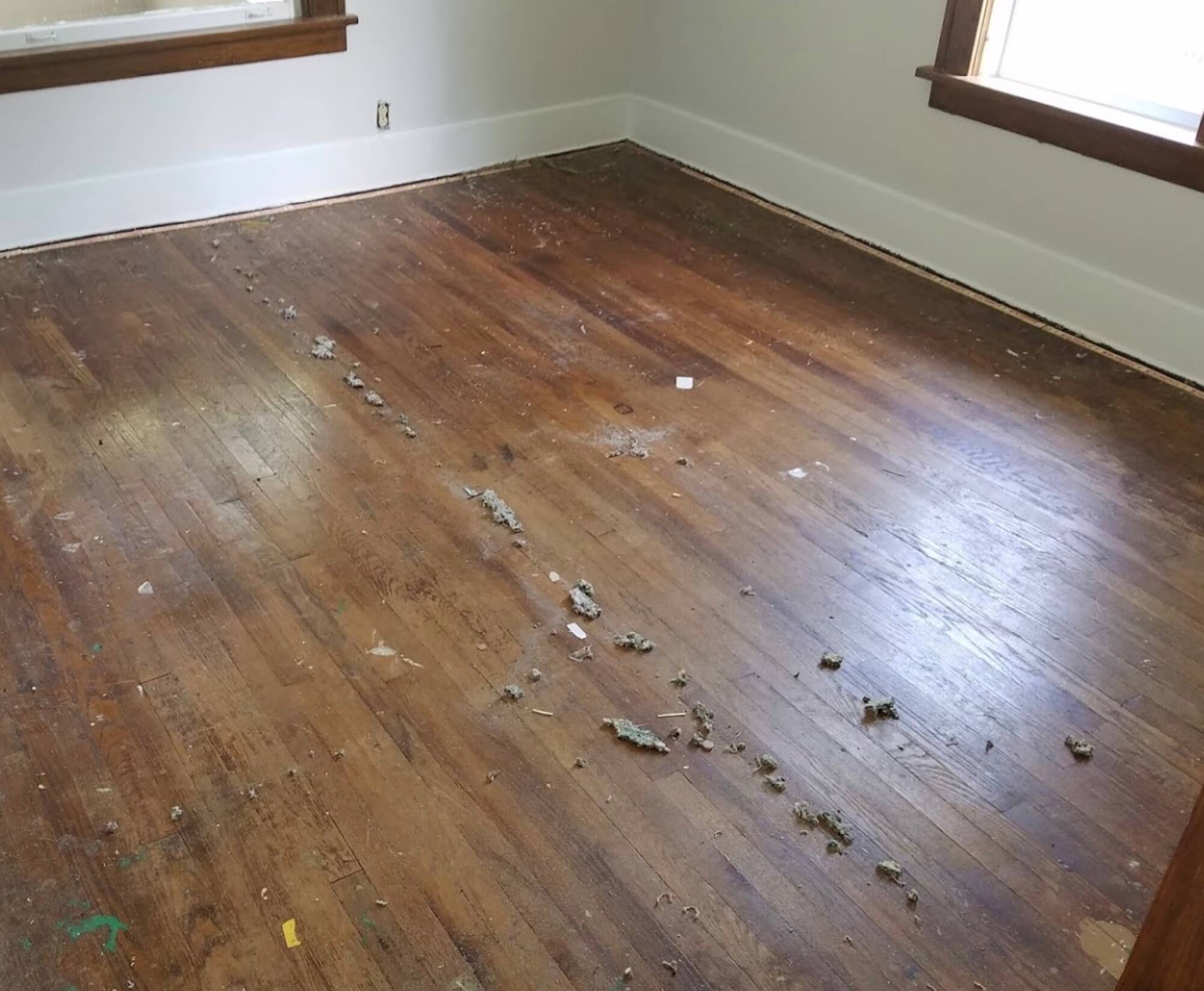 a dusty and scratched hardwood floor