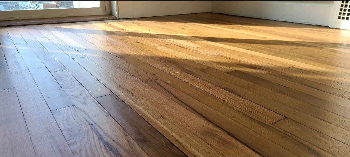A recently resurfaced wood floor